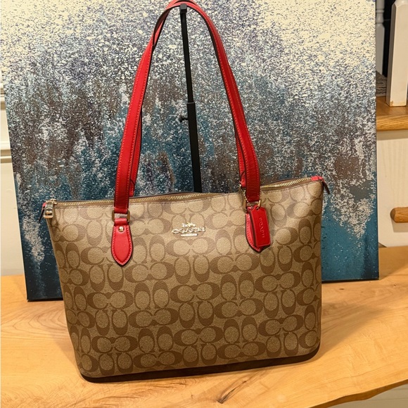 Coach Handbags - Coach Gallery Tote - Brown Signature Canvas with Red Trim